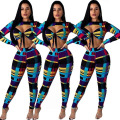 New Season Fall Elegant Autumn News Print Pant Fitness Women Clothing Long Sleeve Two Piece Set